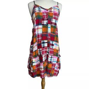 Flowers Madras Plaid Dress M Cotton Sundress Button Front Lined Pockets Strappy